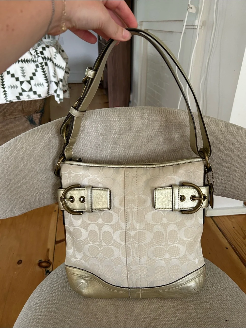 Vintage Y2K Coach Cream Monogram Canvas Shoulder Bag with Gold Trim
